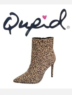 Qupid Into The Wild Black & Tan Leopard Print Stud Detail Stiletto Booties Sz 8
